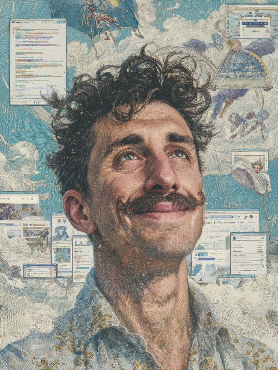 Ritratto illustrato di Fabrizio Palazzo, web designer freelance a Torino, circondato da finestre del browser